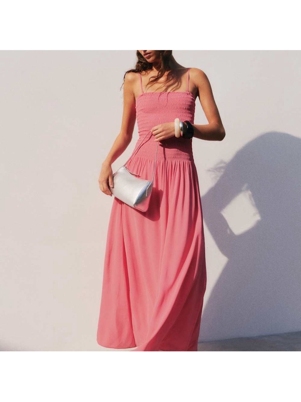 Reformation Coral-Pink Smocked Maxi Dress with Spaghetti Straps